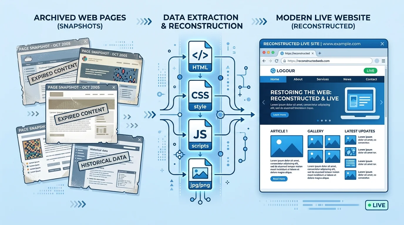 Infographic showing archived pages being rebuilt into a live website