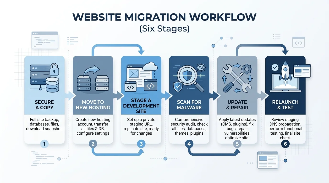 Workflow diagram for website restoration from archive files to relaunch